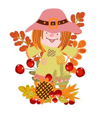 Şükran Günü tebrik kartın kutlu olsun. Sonbahar yaprakları, böğürtlenler, dallar, meyveler, ayçiçekleri, cornucopia, hindi ve balkabaklarıyla düz vektör çizimi.