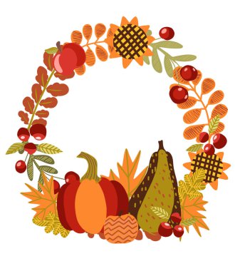 Şükran Günü tebrik kartın kutlu olsun. Sonbahar yaprakları, böğürtlenler, dallar, meyveler, ayçiçekleri, cornucopia, hindi ve balkabaklarıyla düz vektör çizimi.