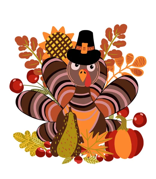 Поздравительная Открытка День Благодарения Плоская Векторная Иллюстрация Осенними Листьями Ягодами — стоковый вектор