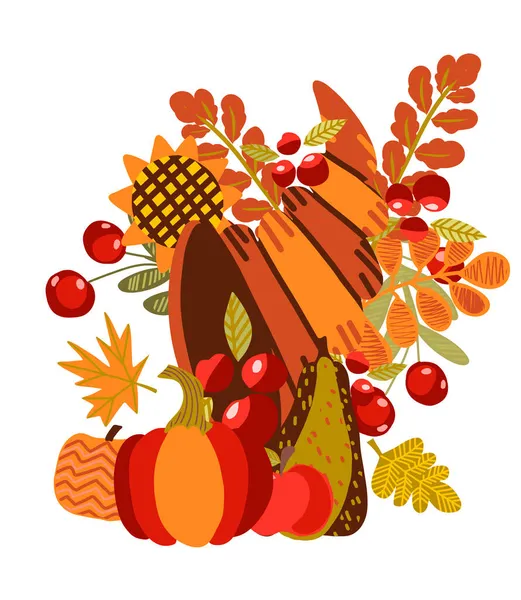 Поздравительная Открытка День Благодарения Плоская Векторная Иллюстрация Осенними Листьями Ягодами — стоковый вектор