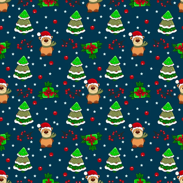 Vektorové Vánoční Bezešvé Vzor Vánoční Stromeček Koule Perníčky Konfety Dárkové — Stockový vektor