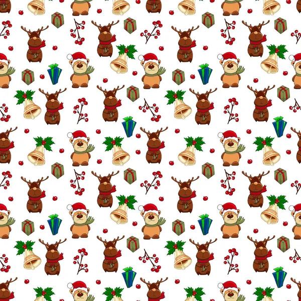 Vector Christmas Seamless Patternn Christmas Tree Balls Gingerbreads Confetti Gift — Stock Vector