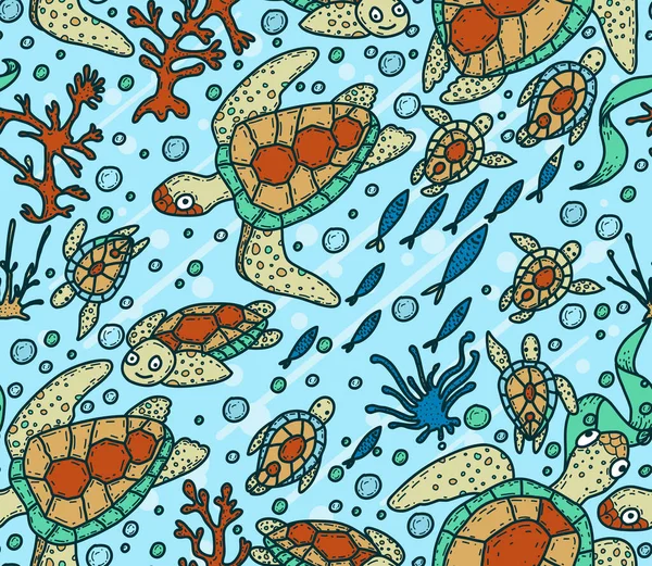 Helles Buntes Nahtloses Muster Mit Meereslebewesen Meeresschildkröten Fischen Und Korallen — Stockvektor
