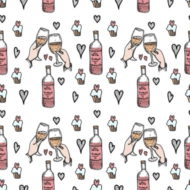 Sevgililer Günü kusursuz desen. El çizimi vektör çizimi. Kalpler, dudaklar, öpücük..