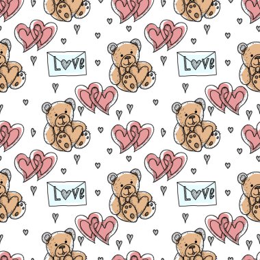 Sevgililer Günü kusursuz desen. El çizimi vektör çizimi. Kalpler, dudaklar, öpücük..