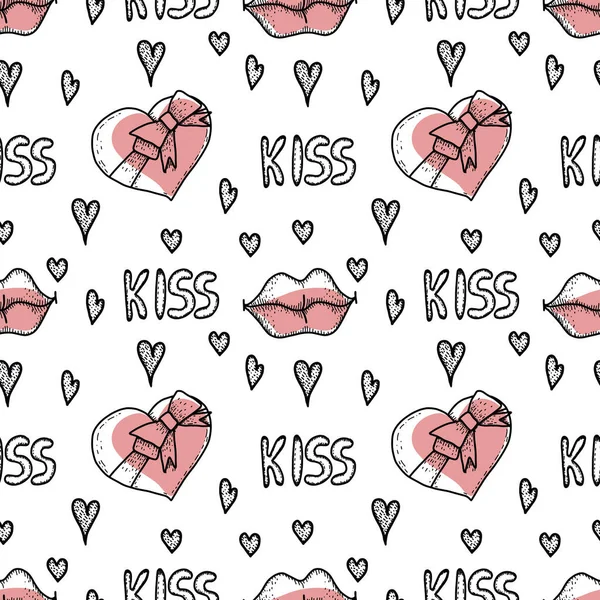 Valentines Day Seamless Pattern Hand Drawn Vector Illustration Hearts Lips — Wektor stockowy