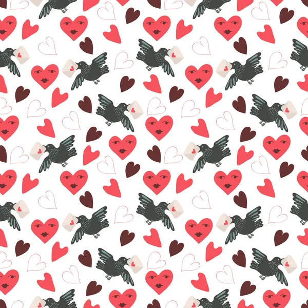 Romantische Nahtlose Muster Zum Valentinstag Mit Herzen Tupfen Kristallen Cupcakes — Stockvektor
