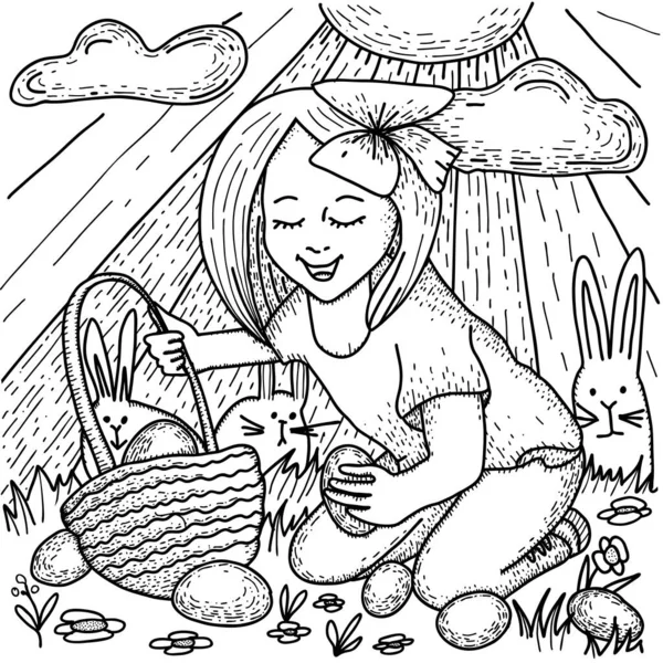 Frohe Ostern Ausmalseite Vektor Illustration Eines Kleinen Mädchens Mit Einem — Stockvektor