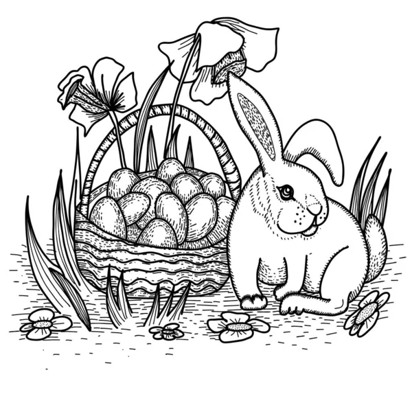 Szczęśliwego Wielkanocy Kolorowanki Wektor Ilustracja Cute Little Banny Pobliżu Kosza — Wektor stockowy