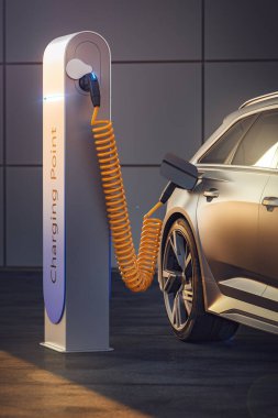 3D elektrik EV araba ya da aracın şarj istasyonunda ekolojik aralık ve sürdürülebilir enerji için şarj pili ya da kablo veya fiş ile yüklenmesi