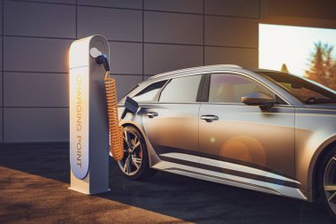 3D elektrik EV araba ya da aracın şarj istasyonunda ekolojik aralık ve sürdürülebilir enerji için şarj pili ya da kablo veya fiş ile yüklenmesi
