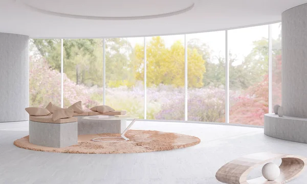 Modern minimalist tasarımı olan parlak bir oda. Yazın parka bakan panoramik pencere. 3d illüstrasyon