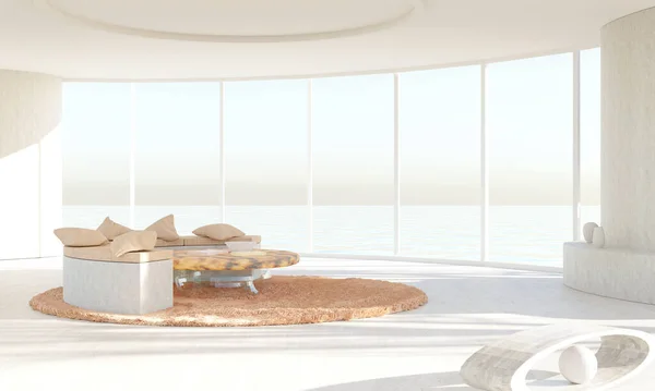 Modern minimalist tasarımı olan parlak bir oda. Yazın parka bakan panoramik pencere. Deniz. 3d illüstrasyon