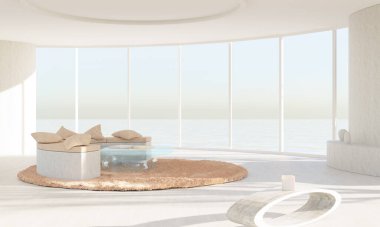 Modern minimalist tasarımı olan parlak bir oda. Denize bakan panoramik pencere. 3d illüstrasyon