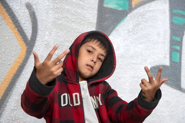 Waist Portrait Young Boy Plaid Jacket Hood Gesturing His Hands — Stock fotografie