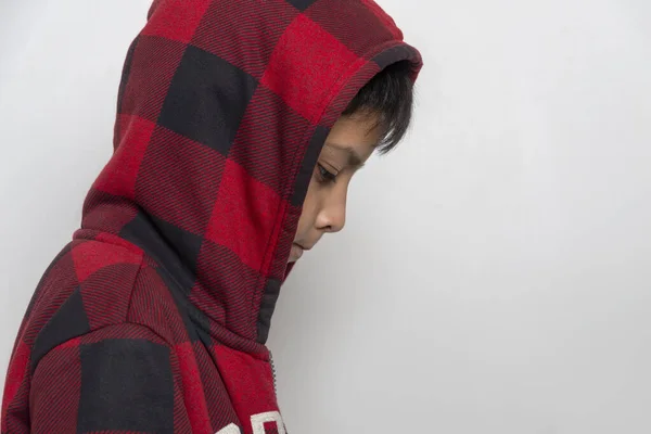Close Emotional Portrait Young Boy Plaid Jacket Hood Sad Something — Stock fotografie