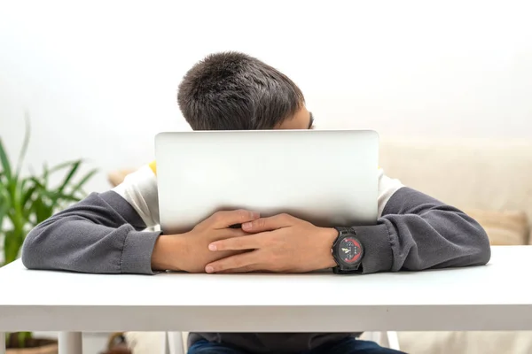 Shot Teenager Using Laptop Room Wrap Your Arms Laptop His — Fotografia de Stock