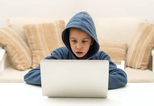 Child Enthusiastically Plays Computer Games Laptop Social Problem Gambling Addiction — Stok Foto