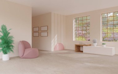 Modern minimalist tasarımı olan parlak bir oda. Duvarın karşısında bir koltuk, resimler ve çiçekler var. Yaz manzarasına bakan panoramik pencere. 3B illüstrasyon