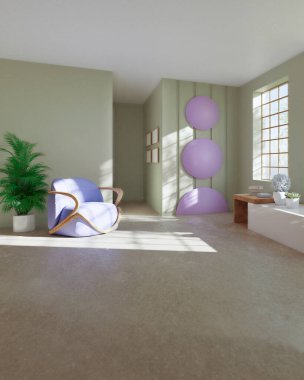 Modern minimalist tasarımı olan parlak bir oda. Duvarın karşısında bir koltuk, resimler ve çiçekler var. Yaz manzarasına bakan panoramik pencere. 3B illüstrasyon