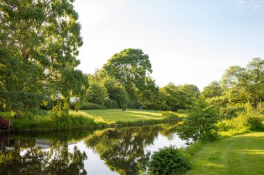 Kanallı güzel bir park manzarası. Bahçede bir adam köpekle oynuyor.
