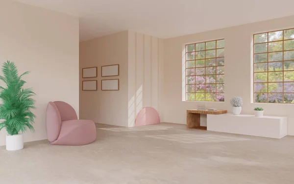 Jasny Pokój Nowoczesnym Minimalistycznym Designem Wallu Jest Fotel Zdjęcia Kwiaty — Zdjęcie stockowe