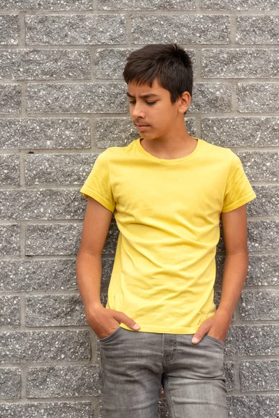 Waist Portrait Young Sading Guy Wearing Yellow Shirt Standing Textured — 스톡 사진