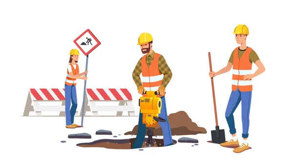 道路を修復する建築家、建設労働者 — ストックベクタ