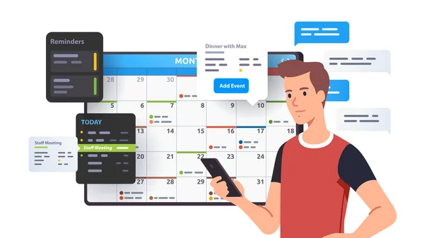 Man planning, toevoegen van evenement in kalender toepassing — Stockvector