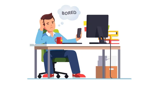 Zaměstnanec se nudí v práci, čmuchá po telefonu — Stockový vektor