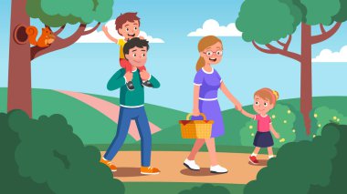 Anne, baba, kız, çocuk parkta yürüyor.