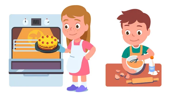 Los niños panaderos cocinar pastel o pastel en la cocina — Vector de stock