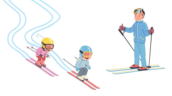 Отец, дочь, сын катаются на лыжах по снежным склонам — стоковый вектор