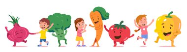 Mutlu çocuklar, taze organik sebzeler eğleniyorlar.