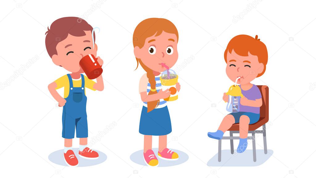 Thirsty kids with drinks. Children characters set