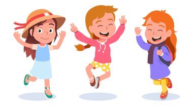 Anaokulu kızları sevinçle el kaldırıyor.