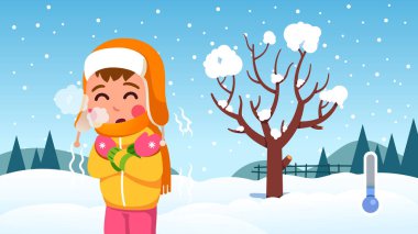Girl kid shivering with cold on snowy winter day clipart