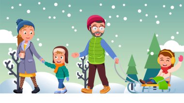 Çocukları dışarıda gezen aile çifti.