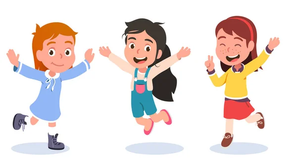 Cheerful girls jumping, running, raising hands — Stock Vector