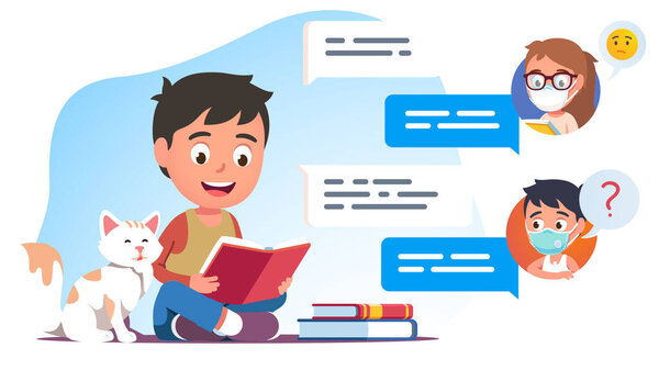 Ребенок сидит дома, разговаривает с друзьями онлайн