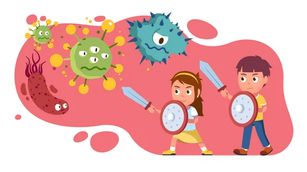 Gyerekek kezében kardok, elleni küzdelem corona vírus, baktériumok — Stock Vector