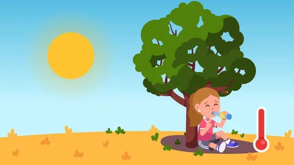 Enfant assis sous un arbre buvant de l'eau le jour ensoleillé — Image vectorielle