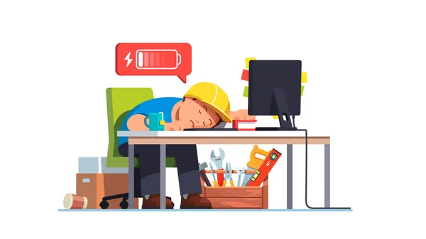Trabajador contratista triste se quedó dormido en el lugar de trabajo — Archivo Imágenes Vectoriales