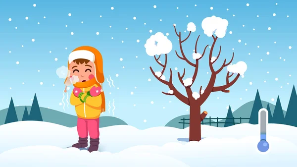 Κορίτσι παιδί που τρέμει από το κρύο την χιονισμένη χειμωνιάτικη μέρα — Διανυσματικό Αρχείο