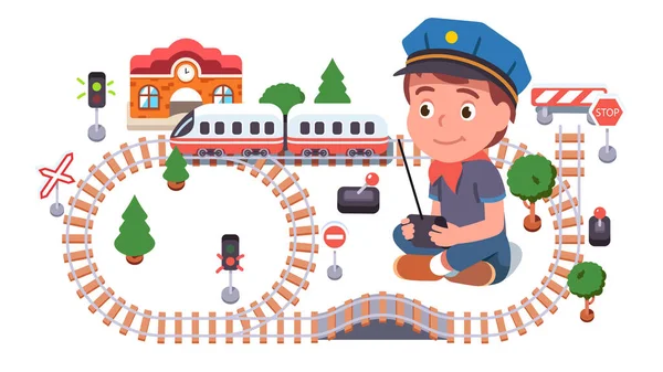 Boy playing with toy railway road, train locomotiv — Stock Vector