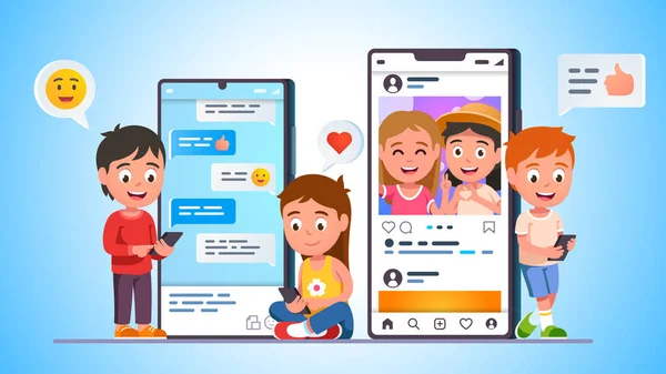 Teenie-Kinder Jungen, Mädchen, die Handy-Apps nutzen, chatten — Stockvektor