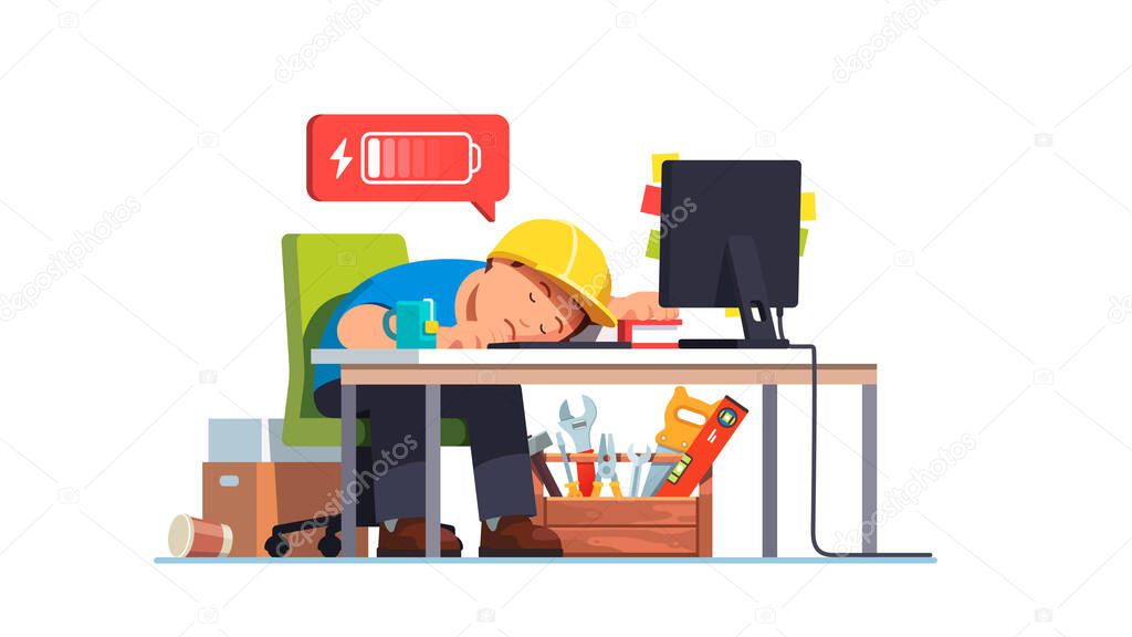 Sad contractor worker fell asleep at workplace 