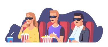 3D gözlüklü insanlar sandalyelere oturup filmin tadını çıkarıyorlar.