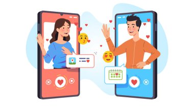 Erkek ve kadın aşıklar flört uygulaması aracılığıyla sohbet ediyorlar.