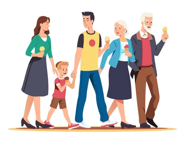 Generaciones familiares caminan juntas en un fin de semana — Vector de stock